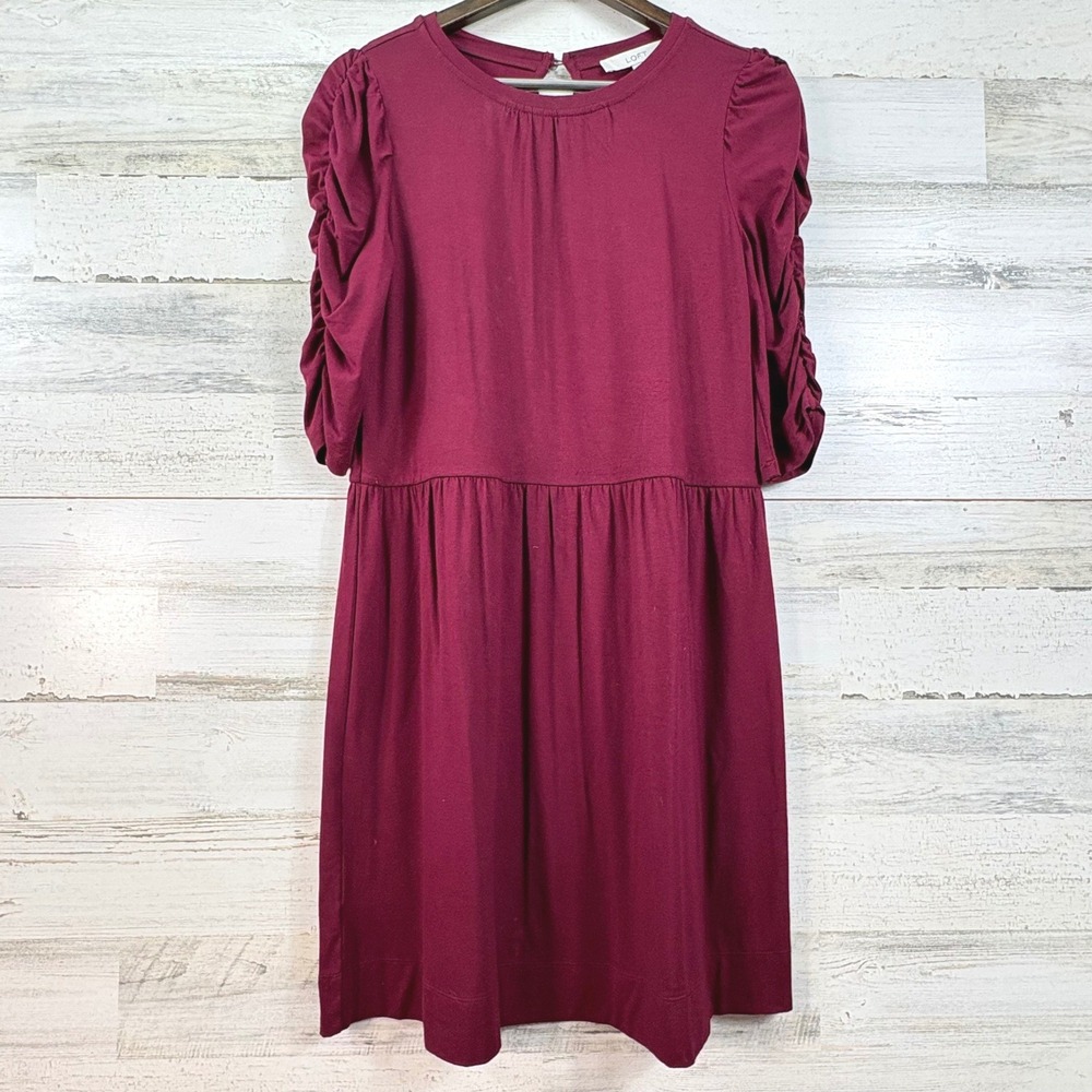 Loft Womens Burgundy Ruched Puff Sleeve Jersey Babydoll Dress Wine Red Size M